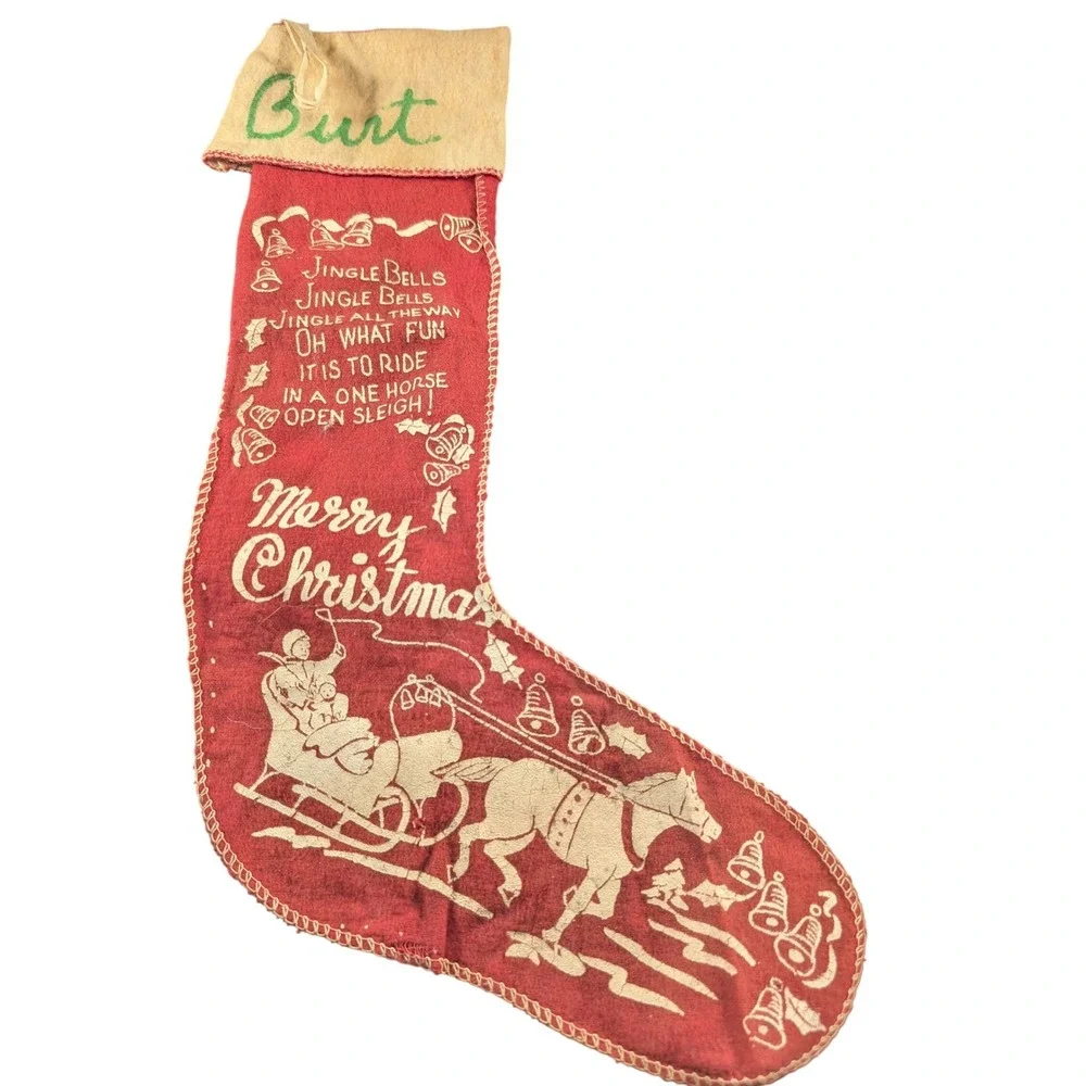 Vintage Jingle Bells Red Felt Christmas Stocking‎ Sleigh Burt Personalized 15